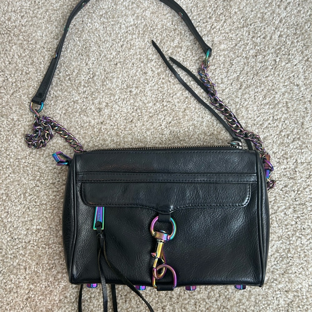 Rebecca Minkoff mini MAC black + iridescent metal crossbody purse